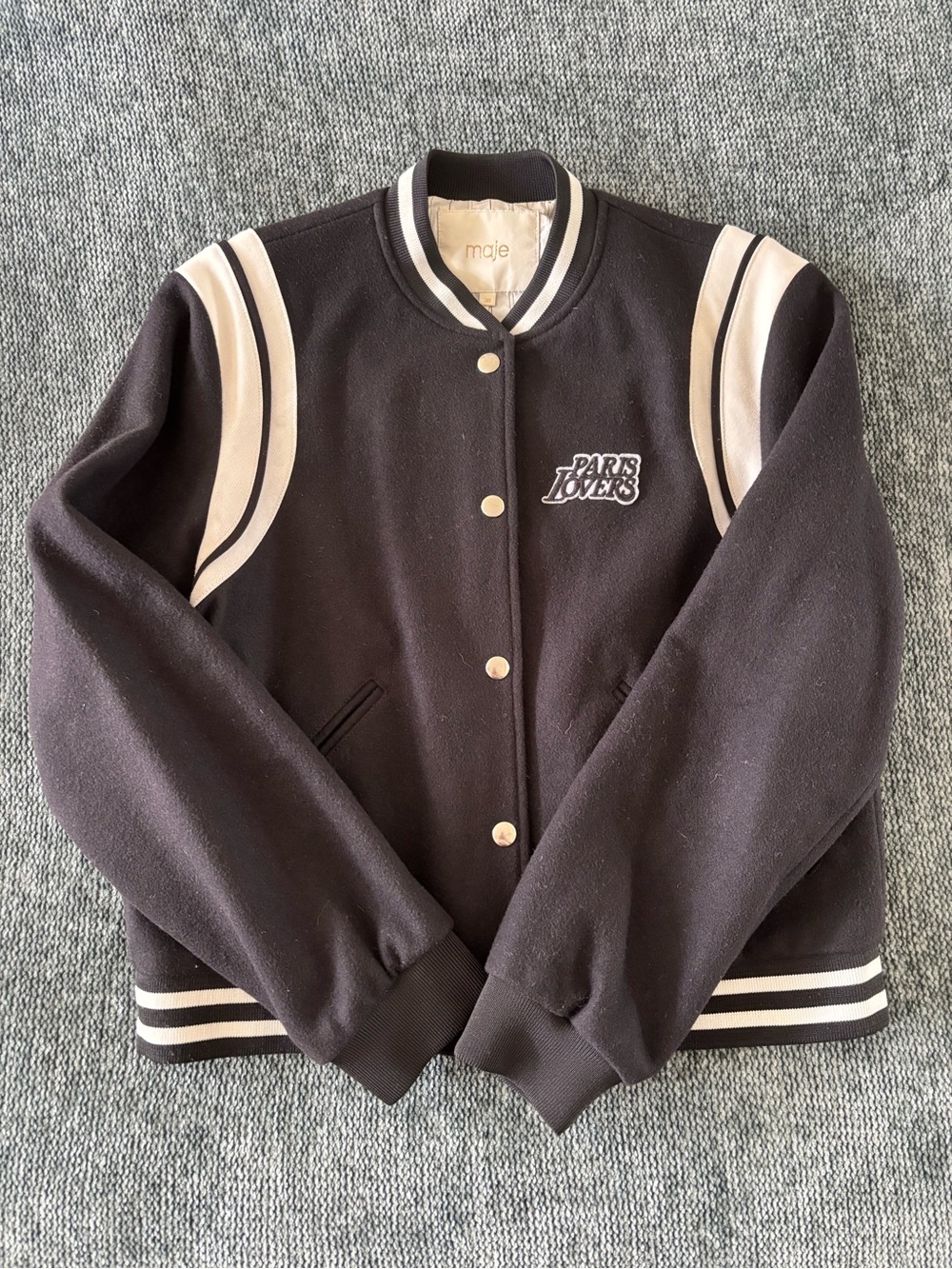 Maje Black and Cream 'Paris Lovers' Varsity Jacket